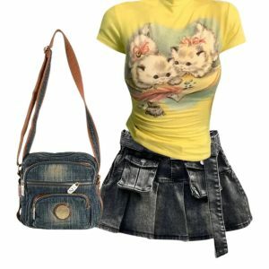 Grunge Utility Pocket Denim Skirt & Vintage Kitten Graphic Top Outfit