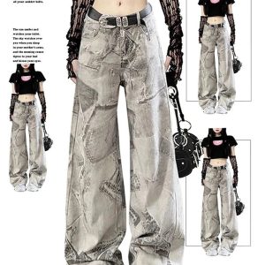 Grunge Washed Graffiti Wide-Leg Jeans - Y2K Vintage Street Style Outfit