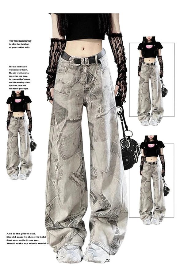 Grunge Washed Graffiti Wide-Leg Jeans - Y2K Vintage Street Style Outfit