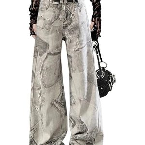 Grunge Washed Graffiti Wide-Leg Jeans - Y2K Vintage Street Style Outfit