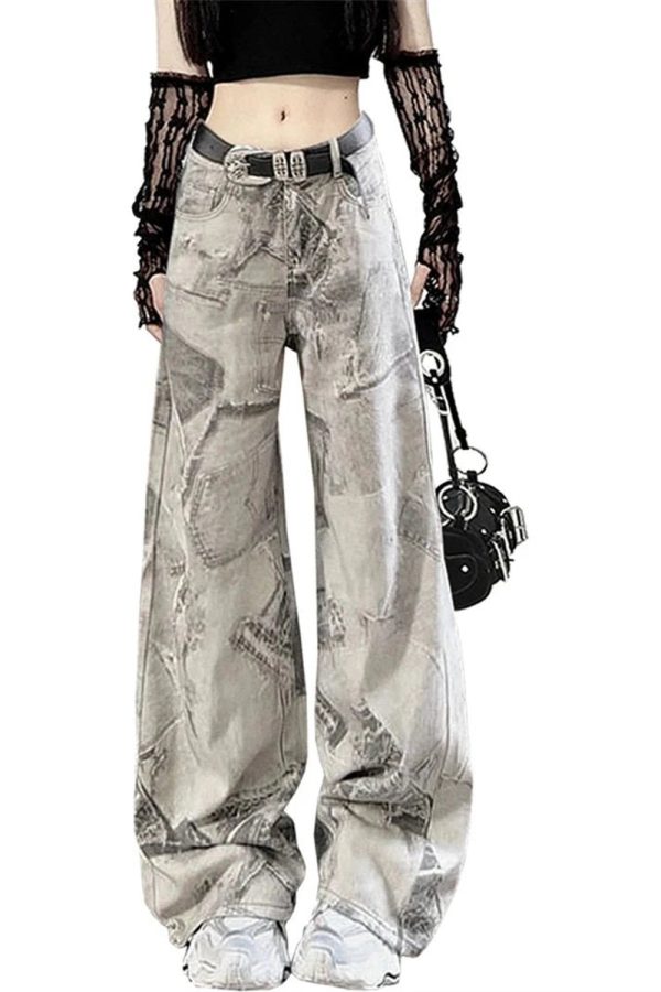 Grunge Washed Graffiti Wide-Leg Jeans - Y2K Vintage Street Style Outfit