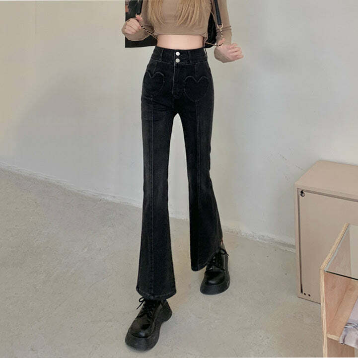 Heart Crush Flare Cropped Jeans - Y2K Vintage Winter Outfits for Women