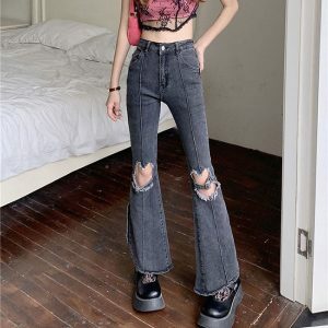 Heart Cut Out Grunge Flare Jeans - Y2K Vintage Winter Street Style Outfit