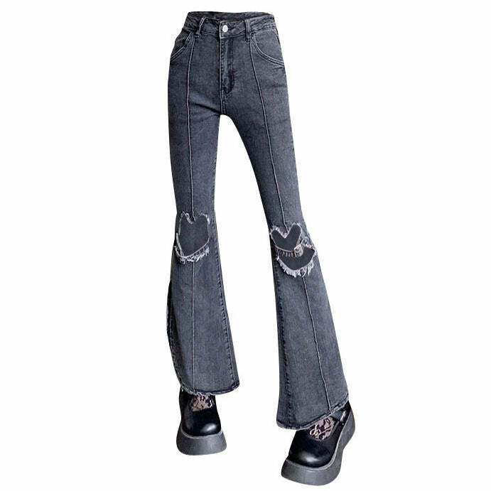 Heart Cut Out Grunge Flare Jeans - Y2K Vintage Winter Street Style Outfit