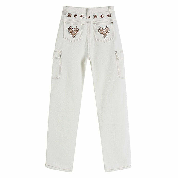 Heart Embroidery Cargo Jeans - Y2K Vintage Outfits for Winter Style