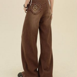 Heart Pocket Brown Jeans - Y2K Vintage Outfits for Winter Street Style