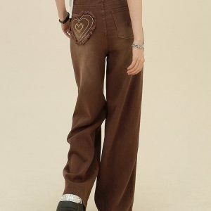 Heart Pocket Brown Jeans - Y2K Vintage Outfits for Winter Street Style