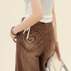 Heart Pocket Brown Jeans - Y2K Vintage Outfits for Winter Street Style