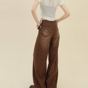 Heart Pocket Brown Jeans - Y2K Vintage Outfits for Winter Street Style