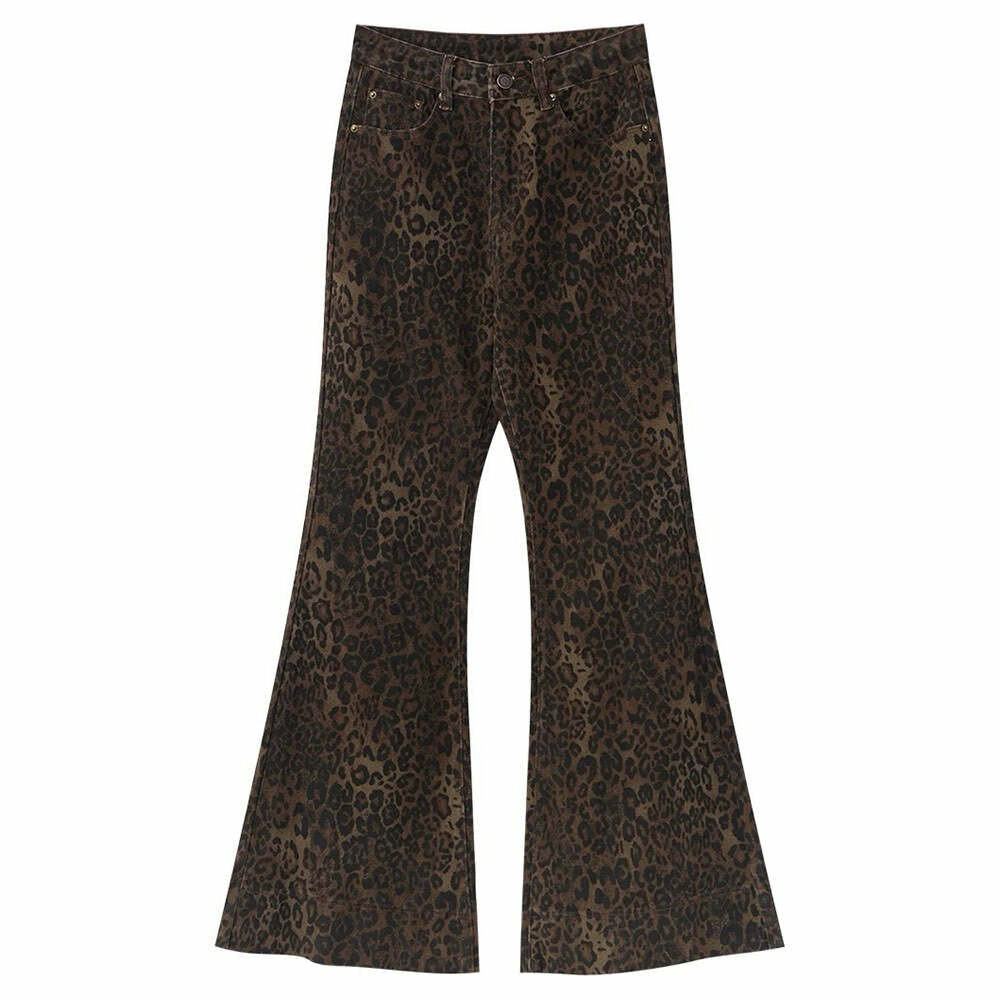 High-Waisted Leopard Flare Jeans - Y2K Vintage Winter Outfits for Women