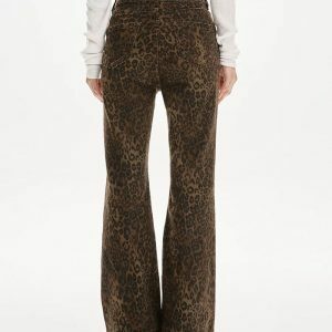 High-Waisted Leopard Flare Jeans - Y2K Vintage Winter Outfits for Women