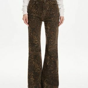 High-Waisted Leopard Flare Jeans - Y2K Vintage Winter Outfits for Women