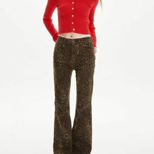 High-Waisted Leopard Flare Jeans - Y2K Vintage Winter Outfits for Women