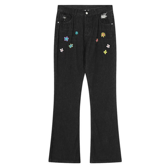 Indie Aesthetic Flower Embroidery Jeans - Y2K Vintage Winter Outfits