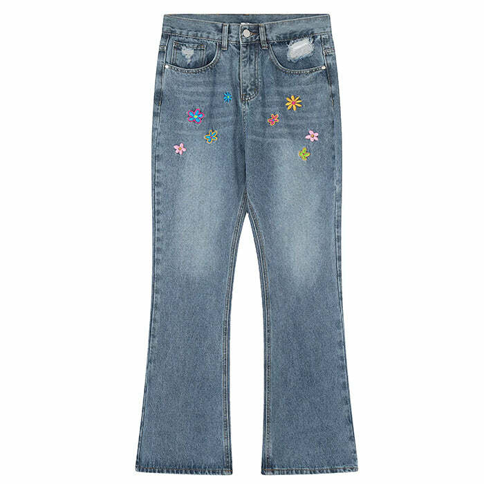 Indie Aesthetic Flower Embroidery Jeans - Y2K Vintage Winter Outfits