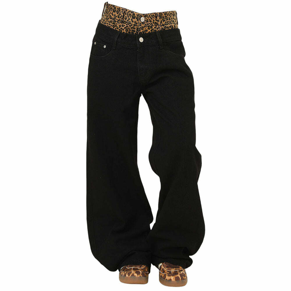 Inner Leopard Layered Jeans - Y2K Vintage Winter Outfits for Women