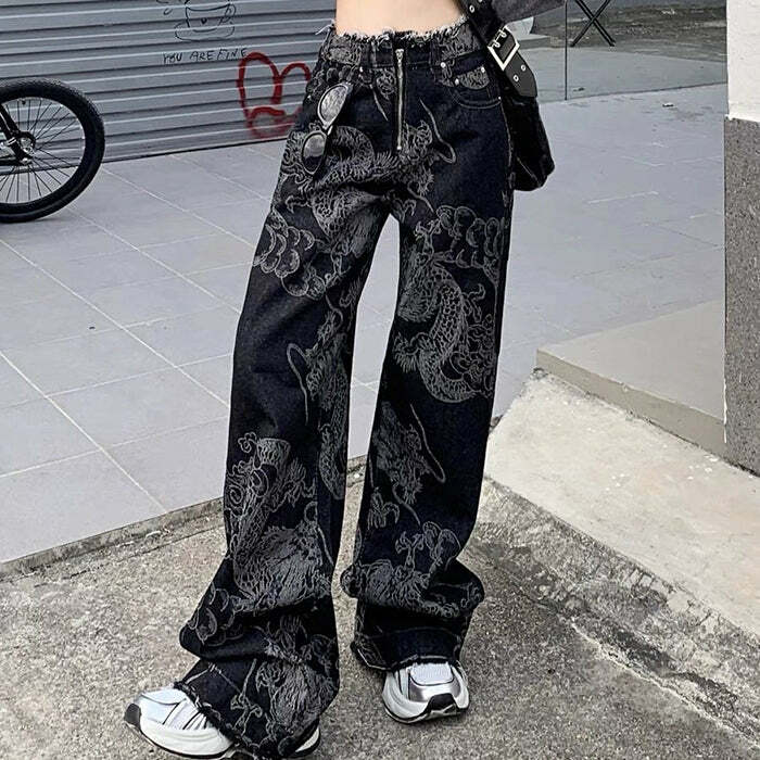 Japanese Dragon Aesthetic Jeans - Y2K Vintage Street Style Outfits