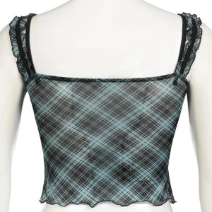 Lace-Trim Plaid Mesh Top - Y2K Vintage Outfits for Winter Aesthetic Styles