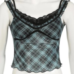 Lace-Trim Plaid Mesh Top - Y2K Vintage Outfits for Winter Aesthetic Styles