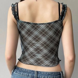 Lace-Trim Plaid Mesh Top - Y2K Vintage Outfits for Winter Aesthetic Styles