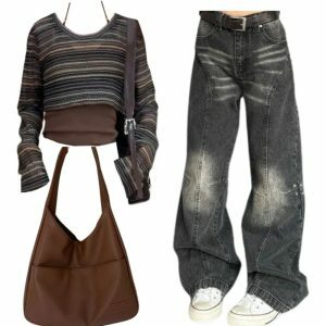 Layered Boho Knit Crop Top & Washed Black Wide-Leg Jeans Y2K Outfit