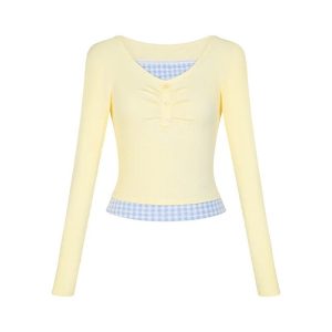 Lemon Gingham Layered Top - Y2K Vintage Outfits for Winter Aesthetic