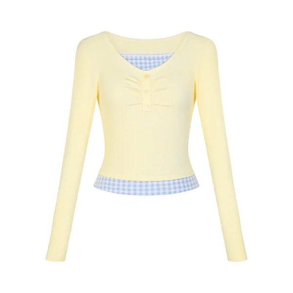 Lemon Gingham Layered Top - Y2K Vintage Outfits for Winter Aesthetic