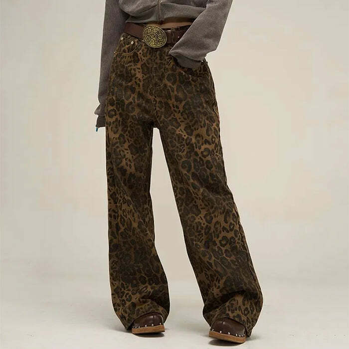 Leopard Wide Leg Jeans - Y2K Vintage Outfits for Winter Street Style