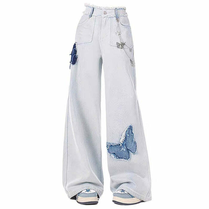 Light Blue Butterfly Aesthetic Jeans - Y2K Vintage Winter Outfits