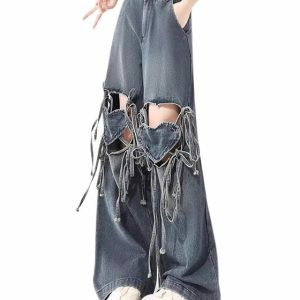 Love Knot Knee-Heart Denim Pants - Y2K Vintage Winter Outfits for Women