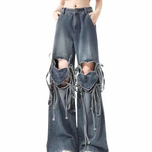 Love Knot Knee-Heart Denim Pants - Y2K Vintage Winter Outfits for Women