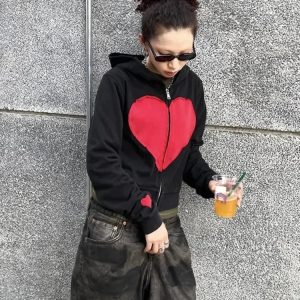 Lovecore Heart Zip-Up Hoodie - Y2K Vintage Aesthetic Winter Outfit