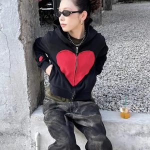 Lovecore Heart Zip-Up Hoodie - Y2K Vintage Aesthetic Winter Outfit