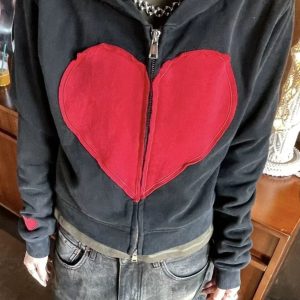 Lovecore Heart Zip-Up Hoodie - Y2K Vintage Aesthetic Winter Outfit