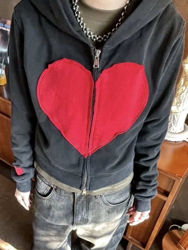 Lovecore Heart Zip-Up Hoodie - Y2K Vintage Aesthetic Winter Outfit