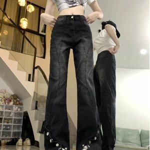 Midnight Flare Snap Jeans - Y2K Vintage Winter Outfits for Women