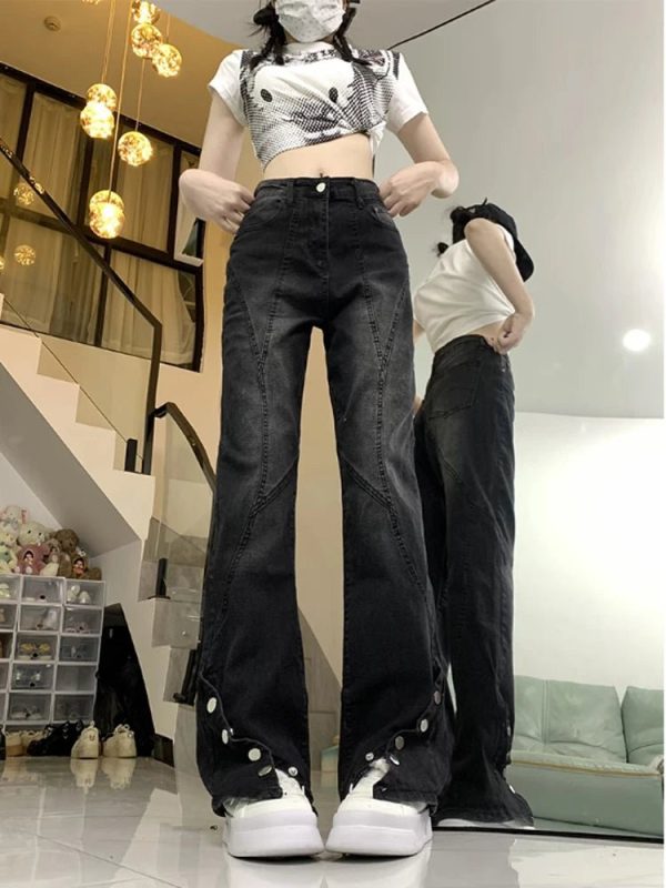 Midnight Flare Snap Jeans - Y2K Vintage Winter Outfits for Women