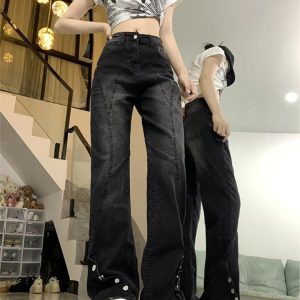 Midnight Flare Snap Jeans - Y2K Vintage Winter Outfits for Women