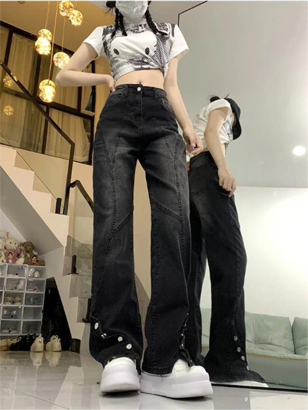 Midnight Flare Snap Jeans - Y2K Vintage Winter Outfits for Women