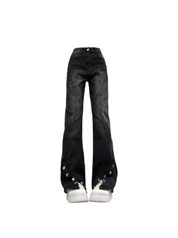 Midnight Flare Snap Jeans - Y2K Vintage Winter Outfits for Women