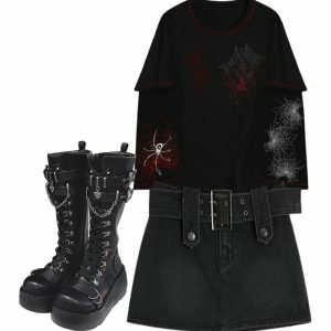 Midnight Rebel Belted Mini Skirt & Fall Long Sleeve Hoodie Y2K Outfit