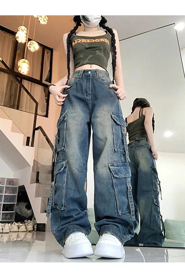 Midnight Utility Cargo Jeans - Y2K Vintage Street Style Outfits for Women