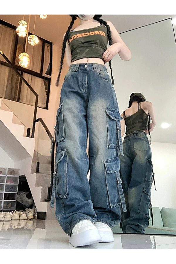 Midnight Utility Cargo Jeans - Y2K Vintage Street Style Outfits for Women