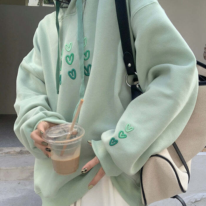 Mint Aesthetic Heart Hoodie - Y2K Vintage Winter Outfit for Women