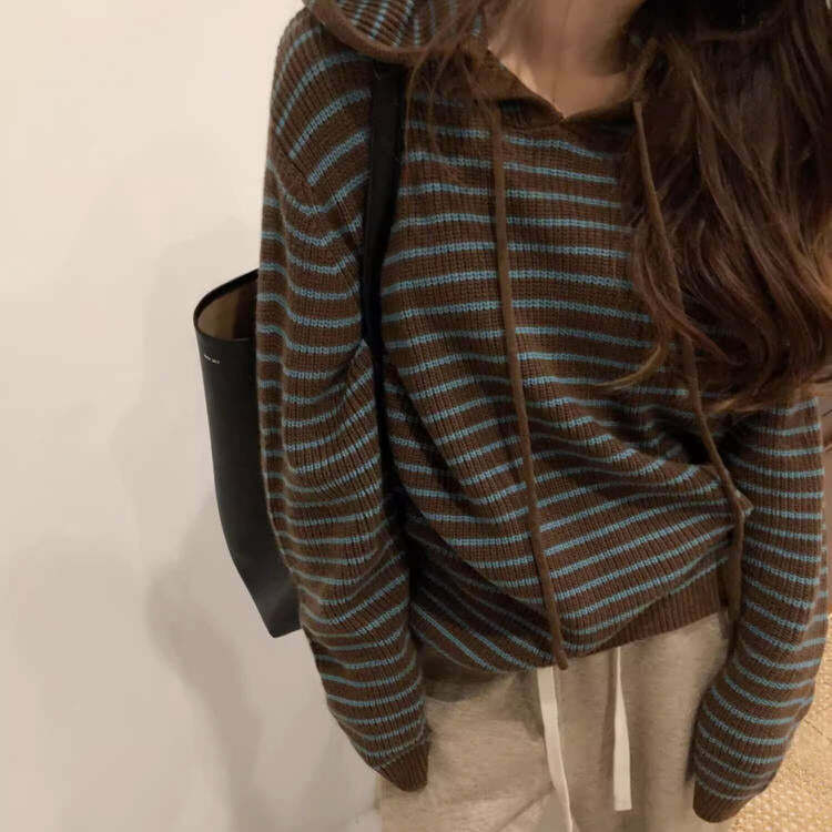 New Student Striped Knit Hoodie - Y2K Vintage Winter Fashion Outfit