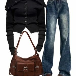 Noir Off-Shoulder Cardigan & Vintage Flare Jeans - Y2K Retro Outfit