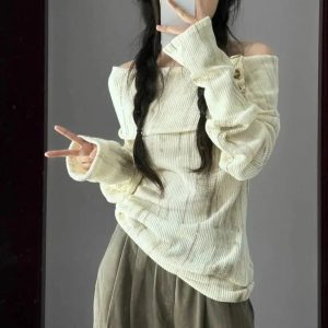 Off-Shoulder Buttoned Knit Top - Y2K Vintage Winter Aesthetic Outfit