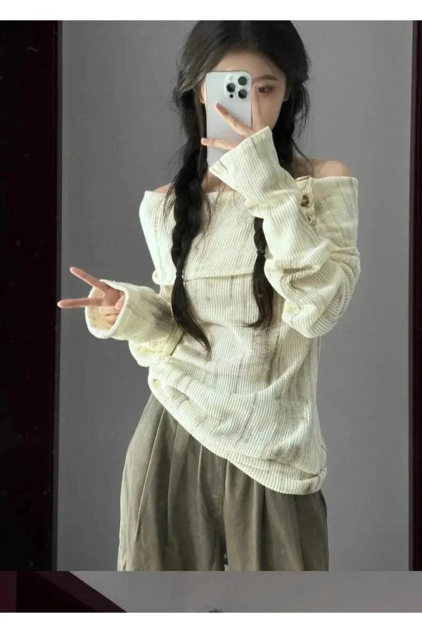 Off-Shoulder Buttoned Knit Top - Y2K Vintage Winter Aesthetic Outfit