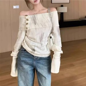 Off-Shoulder Buttoned Knit Top - Y2K Vintage Winter Aesthetic Outfit