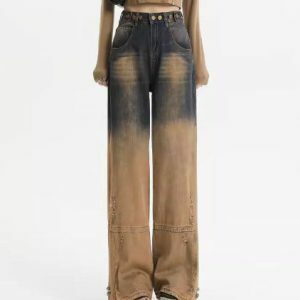 One Way Ticket Brown Aesthetic Jeans - Y2K Vintage Winter Outfits